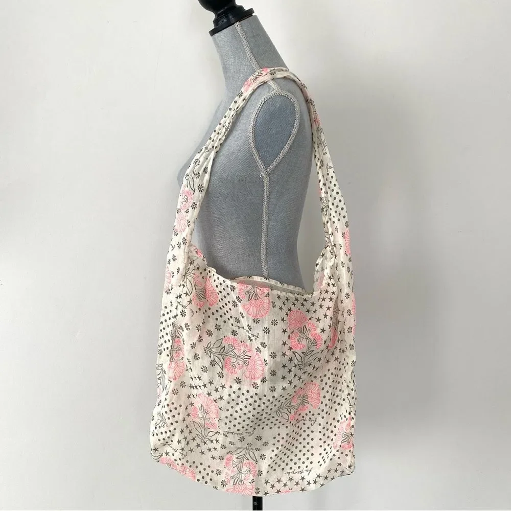 Free People Cream and Pink Floral Tote Logos Print Boho Beach Vacation Shopping